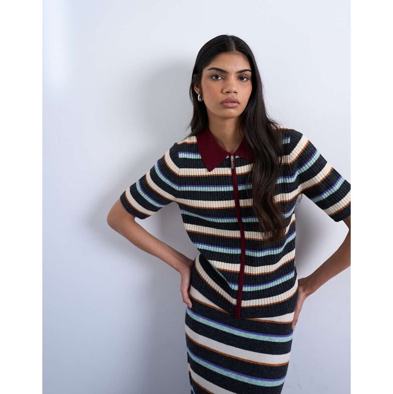Topshop knitted zip through multi stripe co-ord polo in burgundy