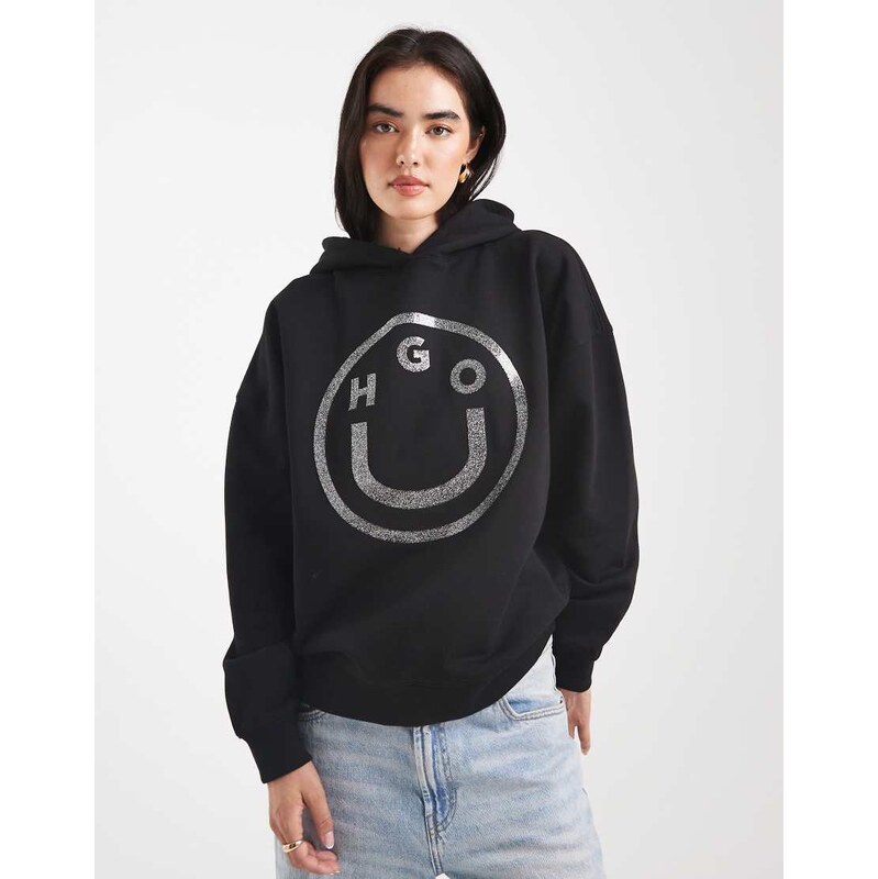 HUGO BLUE Dolasa glitter gel logo relaxed fit hoodie in black 111068111