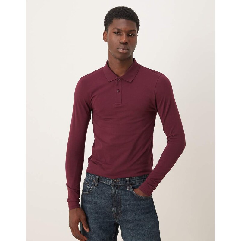 ASOS DESIGN Essentials muscle fit long sleeve polo in burgundy
