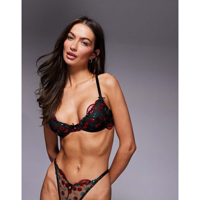 ASOS DESIGN Frankie cherry sequin embroidery underwired bra in black 115514879