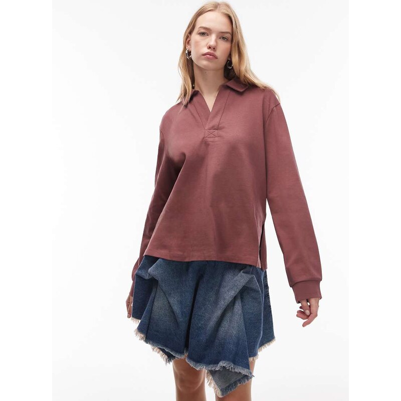 ASOS DESIGN rugby collar long sleeve tee in dark rose-Red 115514905