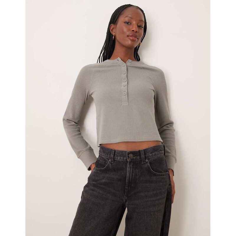 ASOS DESIGN raglan long sleeve top thick waffle henley in grey