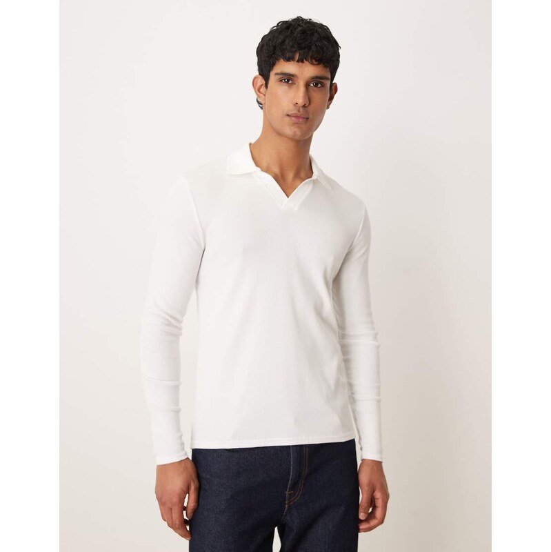 ASOS DESIGN muscle fit long sleeve polo in white rib