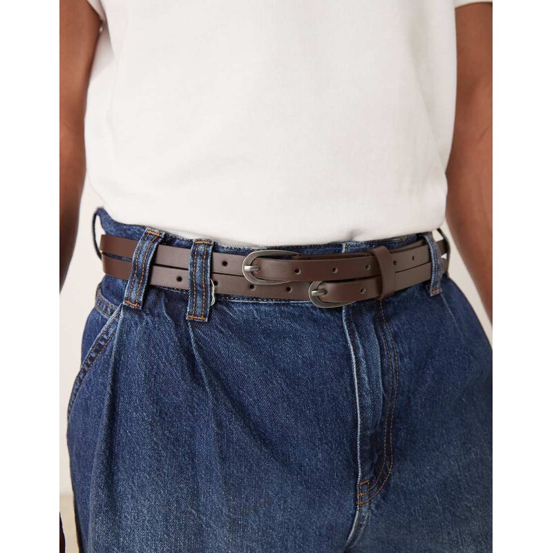 ASOS DESIGN double strap skinny belt in brown faux leather