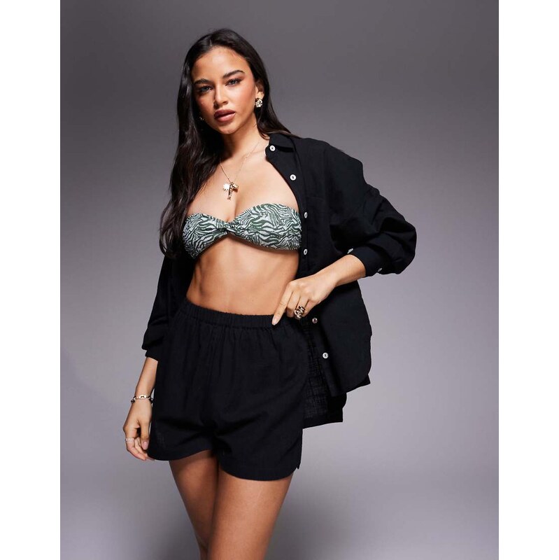 ASOS DESIGN Biarritz beach textured cotton short co ord in black