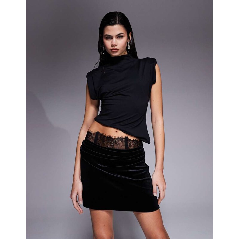 ASOS DESIGN velvet mini skirt with lace waist panel in black