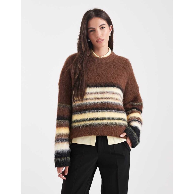 ASOS DESIGN mixed stripe crew neck jumper in brown 111071783