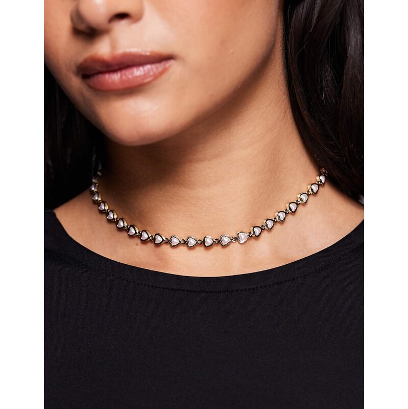 ASOS DESIGN short necklace with mini hearts with faux pearls in gold 111068312