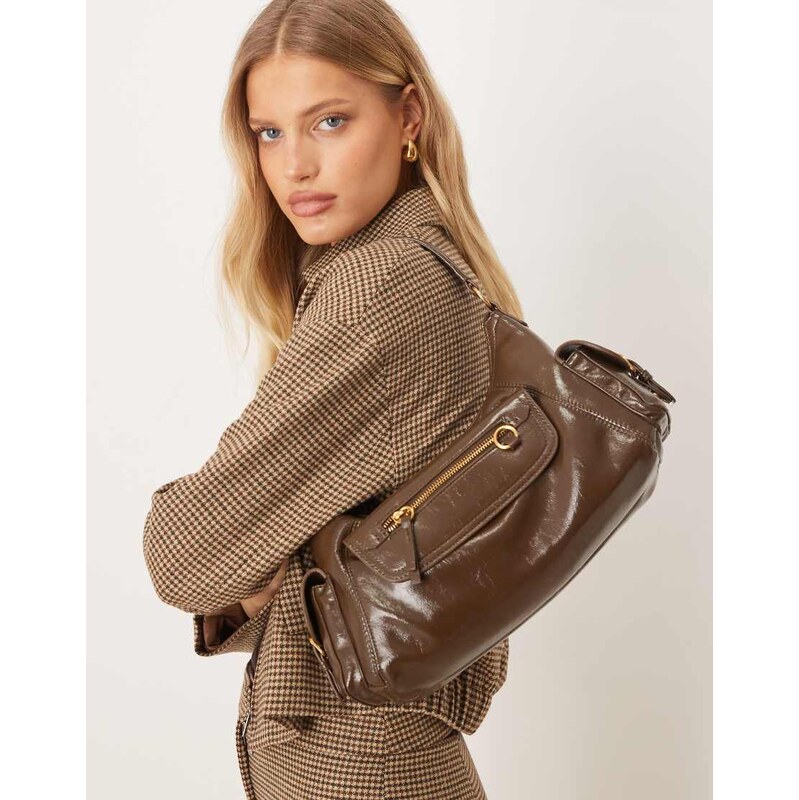 Mango slouchy pocket detail shoulder bag in brown 111068374