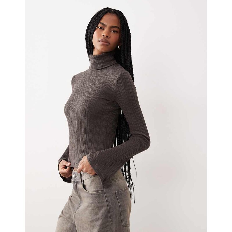 Mango roll neck knitted top with flare sleeves in grey 111068375
