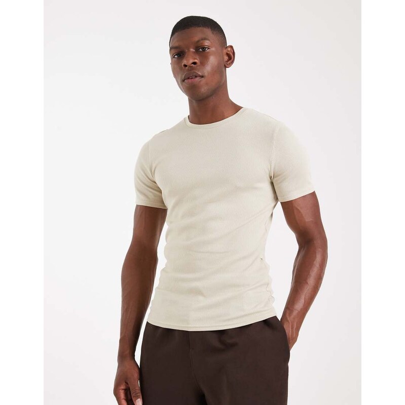 ASOS DESIGN Essentials muscle fit t-shirt in beige rib-Neutral