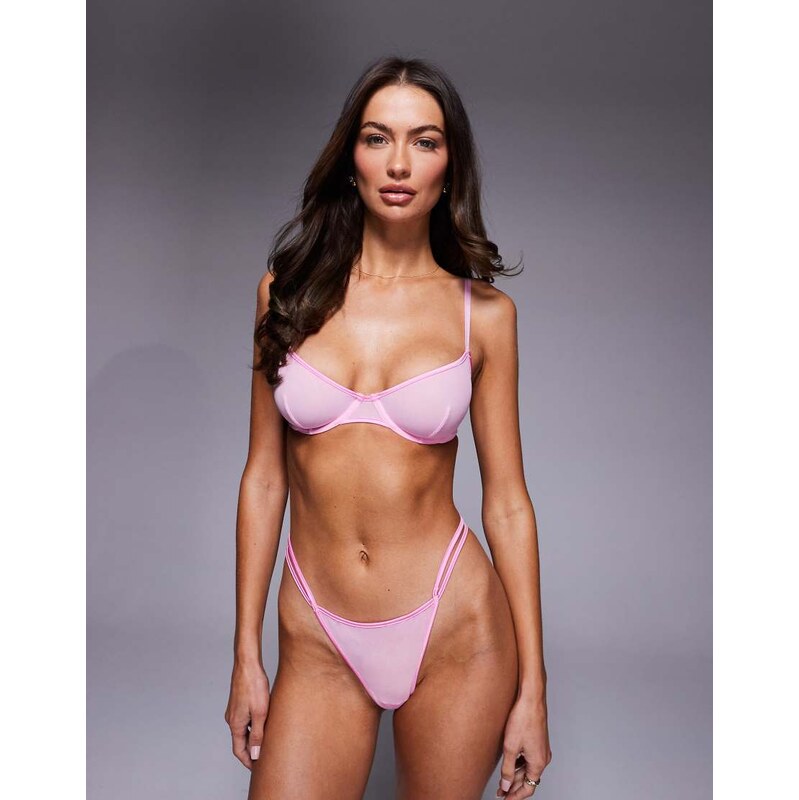 ASOS DESIGN Lennox sheer mesh double strap tanga thong with satin 115515036