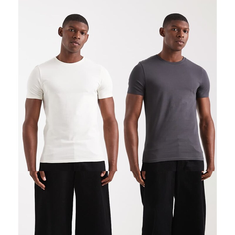 ASOS DESIGN Essentials 2 pack muscle fit t-shirts in charcoal