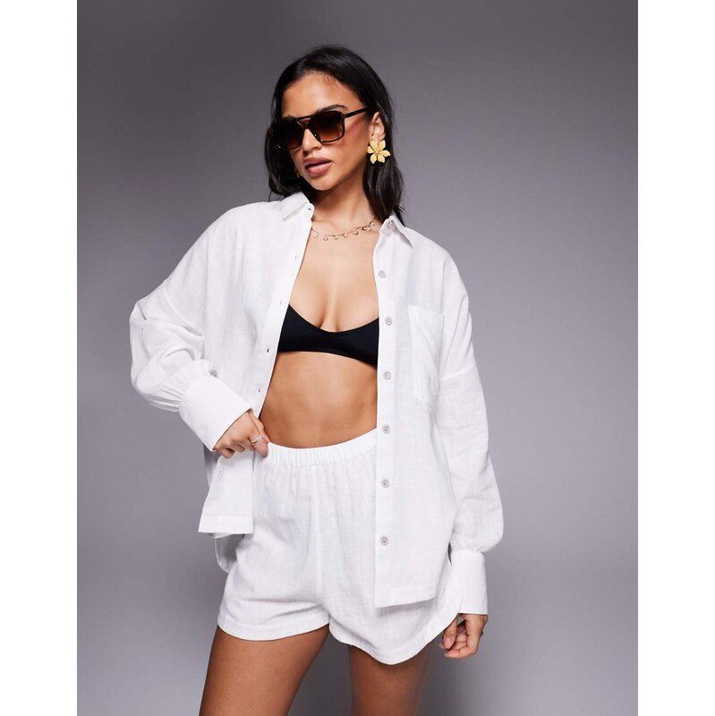 ASOS DESIGN Biarritz beach textured cotton shirt co ord in white 115548094