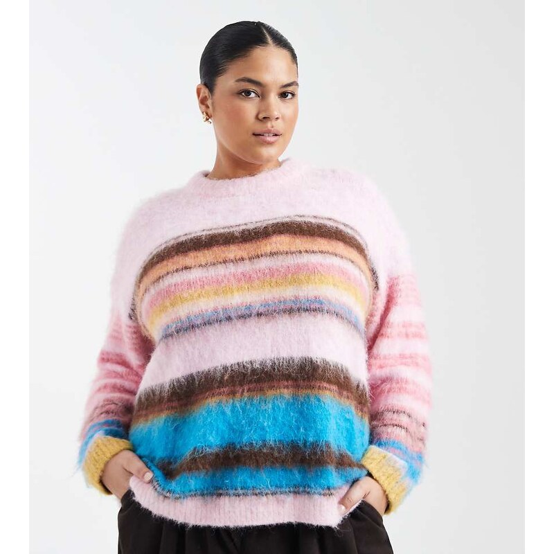 ASOS Curve ASOS DESIGN Curve brushed stripe oversized jumper in pink 115519480