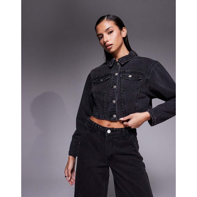 Liquor N Poker boxy denim jacket with diamante seam detail co