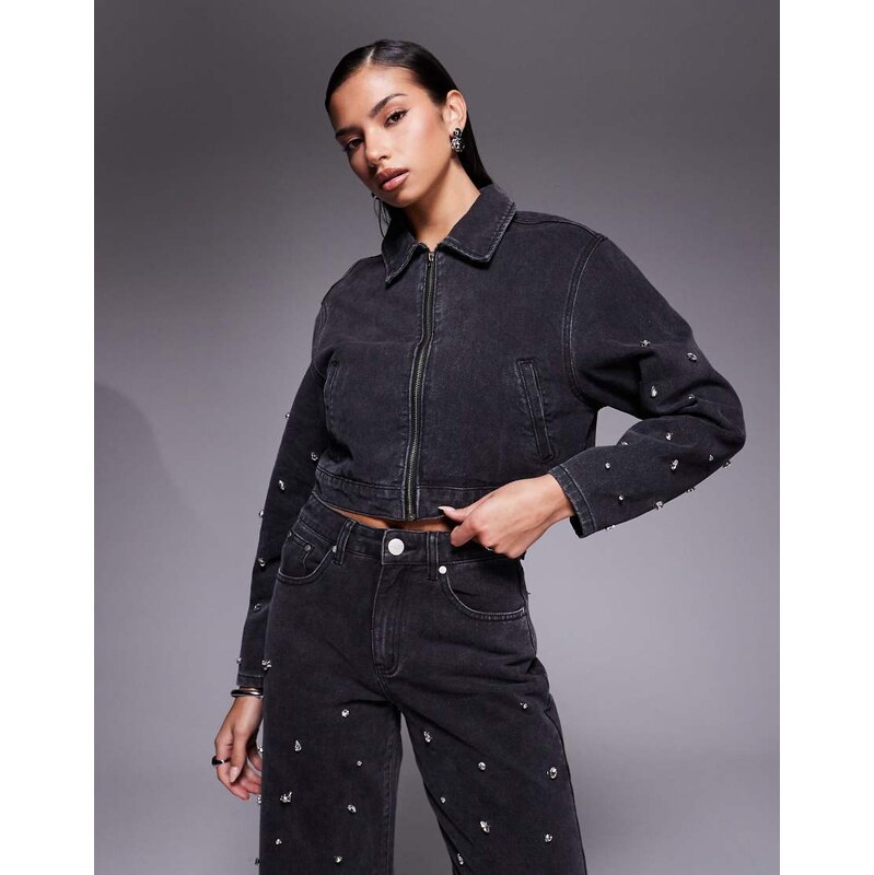 Liquor N Poker boxy embellished denim jacket co-ord in black 111318310