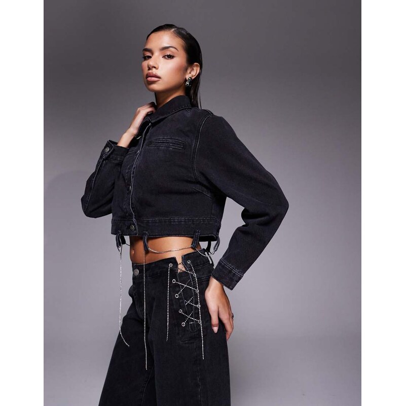 Liquor N Poker boxy denim chain detail jacket co-ord in black 111318282