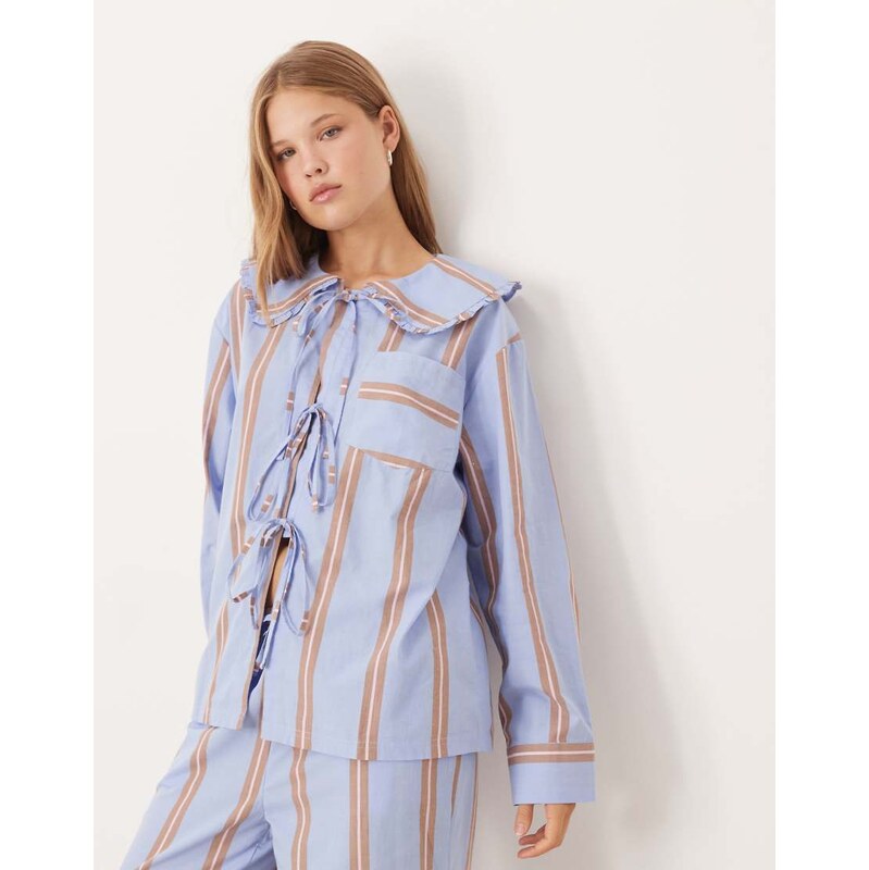 ASOS DESIGN bow tie up shirt & wide leg trouser pyjama set in blue & 115514149