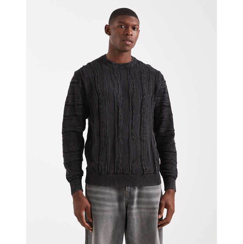 Redefined Rebel boxy knitted cable jumper in black