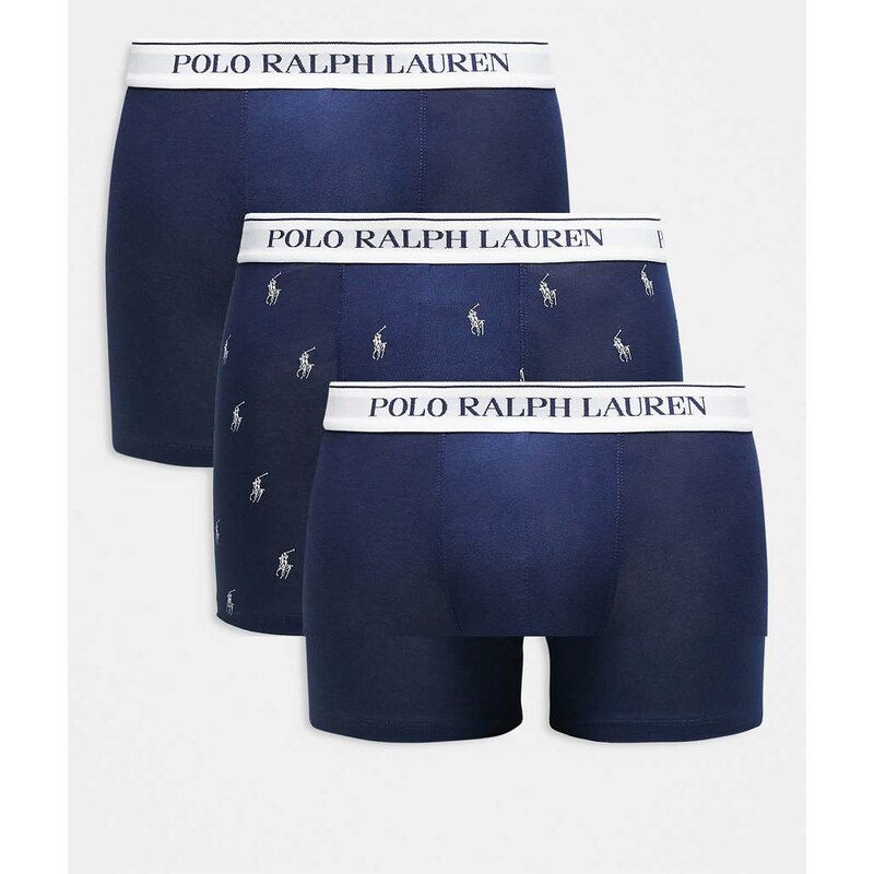 Polo Ralph Lauren 3 pack logo waistband trunks in navy plain and