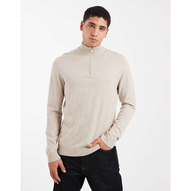 ONLY & SONS quarter zip knitted jumper in beige-Neutral