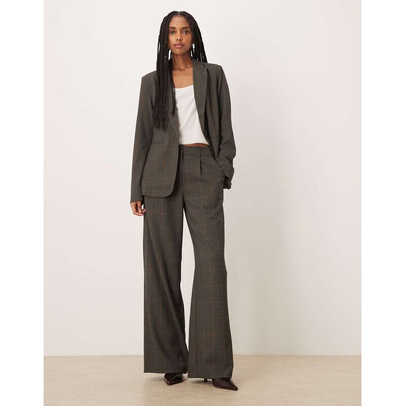 Vila pleated wide leg tailored trousers co-ord in brown check