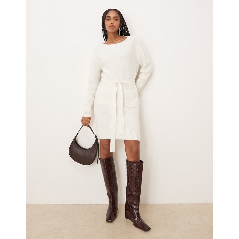 Vila tie waist knitted mini dress in white