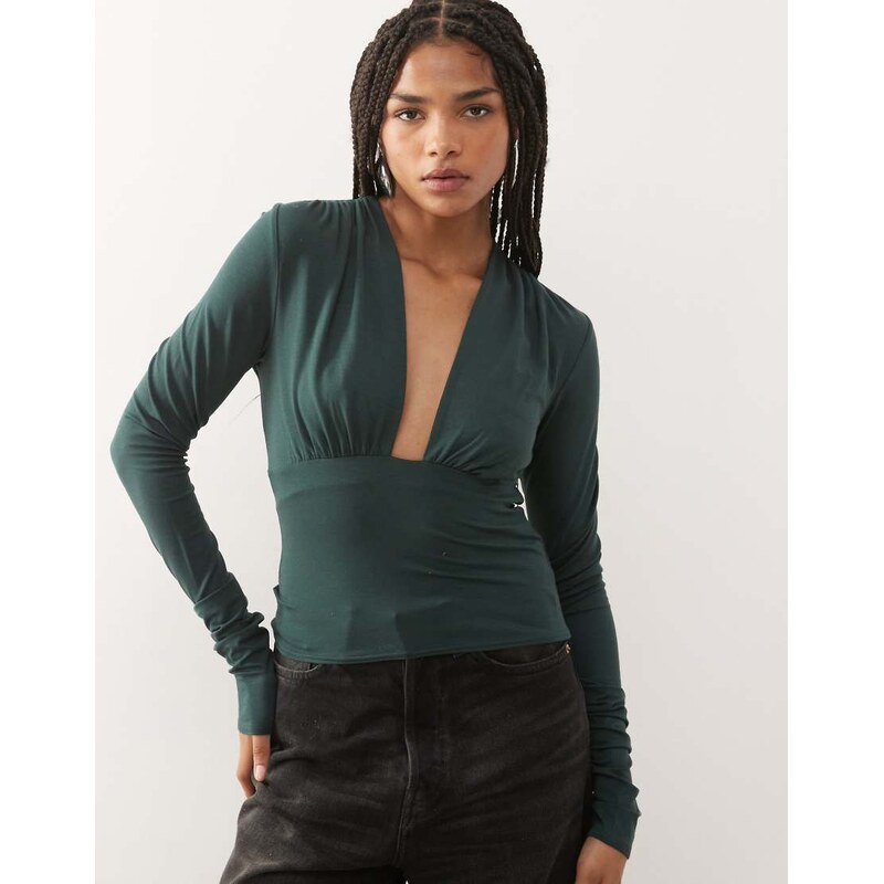 Weekday plunge long sleeve top in petrol green exclusive to ASOS