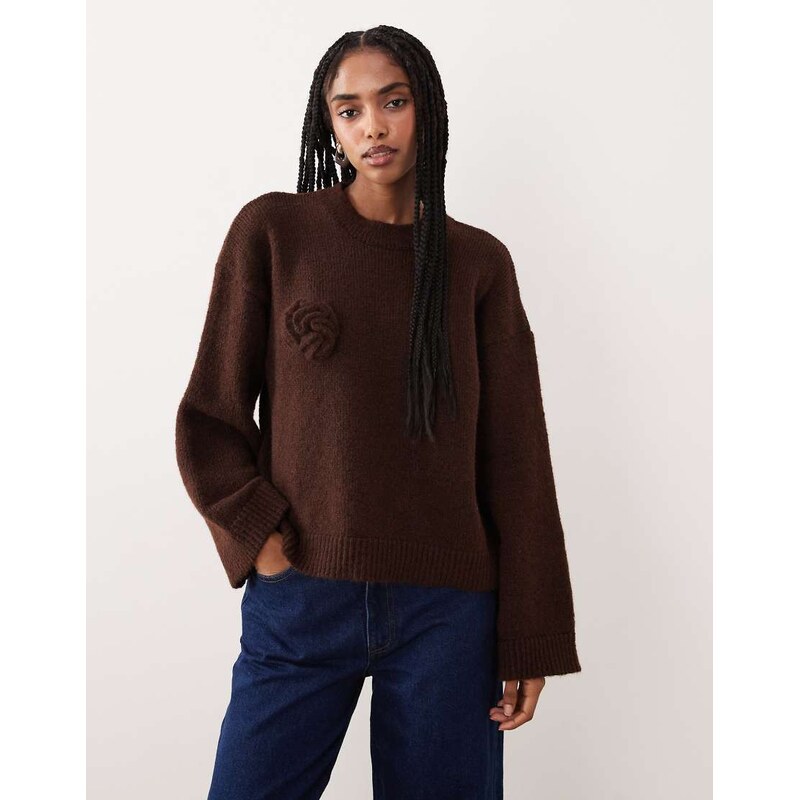 ASOS DESIGN knitted wide sleeve jumper with 3D floral and wool in brown