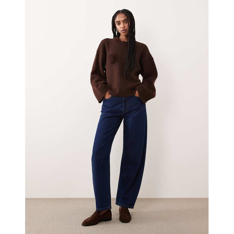 ASOS DESIGN knitted wide sleeve jumper with 3D floral and wool in brown