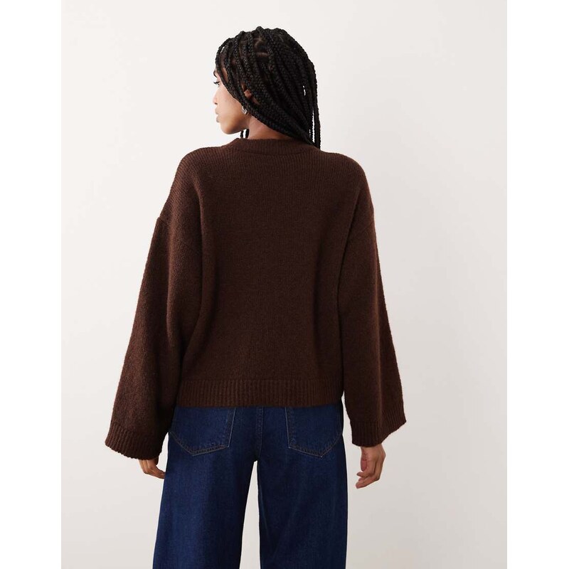 ASOS DESIGN knitted wide sleeve jumper with 3D floral and wool in brown