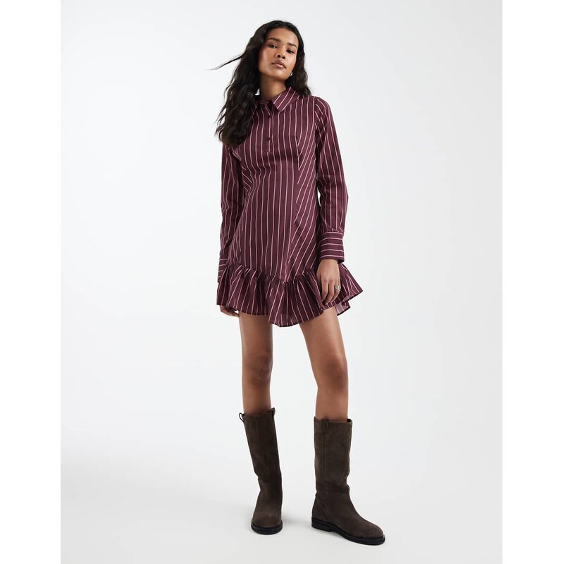 Miss Selfridge drop waist shirt dress in fig pinstripe-Multi