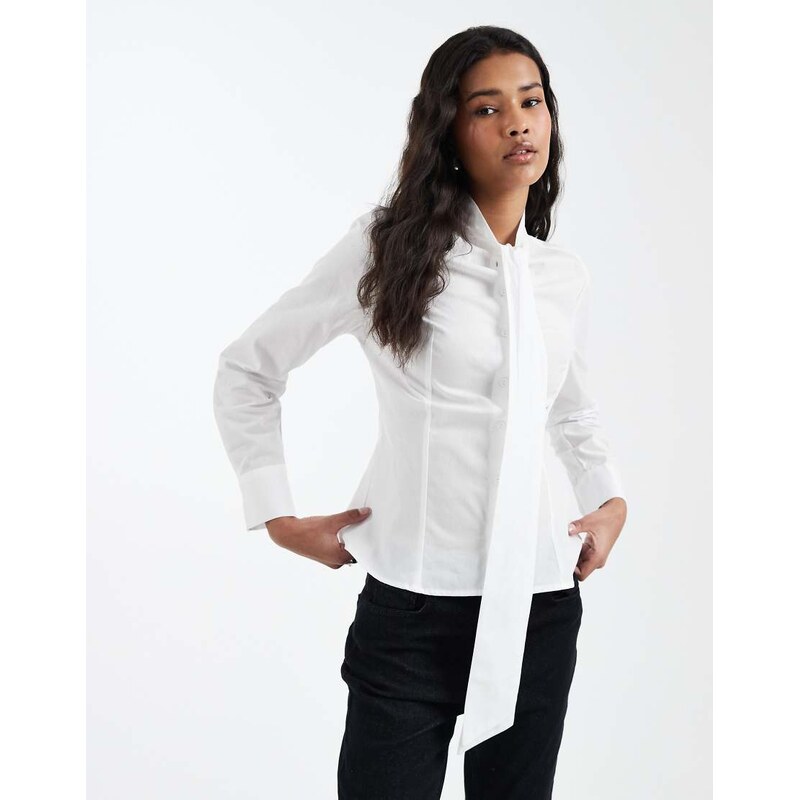 Miss Selfridge poplin tie neck shirt in white