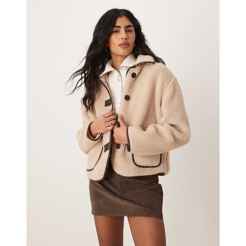 JDY contrast trims teddy jacket in cream-White