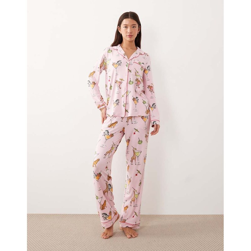 Chelsea Peers long putton up pyjama set in pink martini animal print 112242840