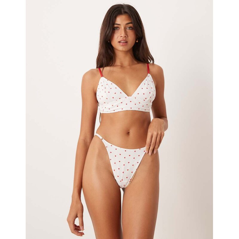 ASOS DESIGN Lulu flock heart longline soft bra in white and red 115514451