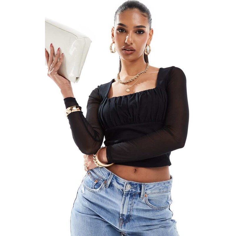 ASOS DESIGN square neck top with mesh sleeve in black