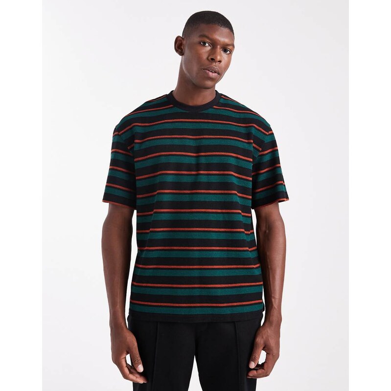 Redefined Rebel boxy striped t-shirt in black and green-Multi