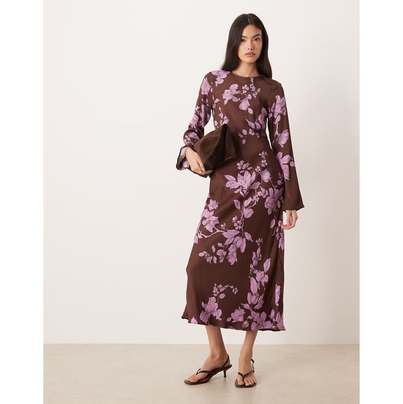 Nobodys Child Shiloh satin long sleeve midaxi dress in brown