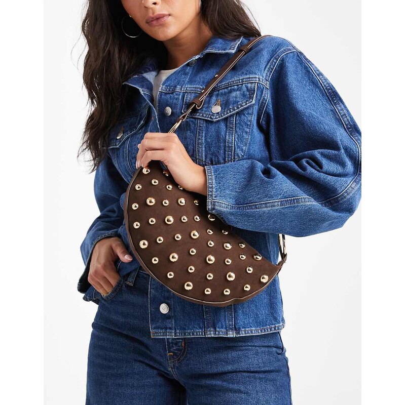 Glamorous faux suede studded crescent shoulder bag in brown 111074201
