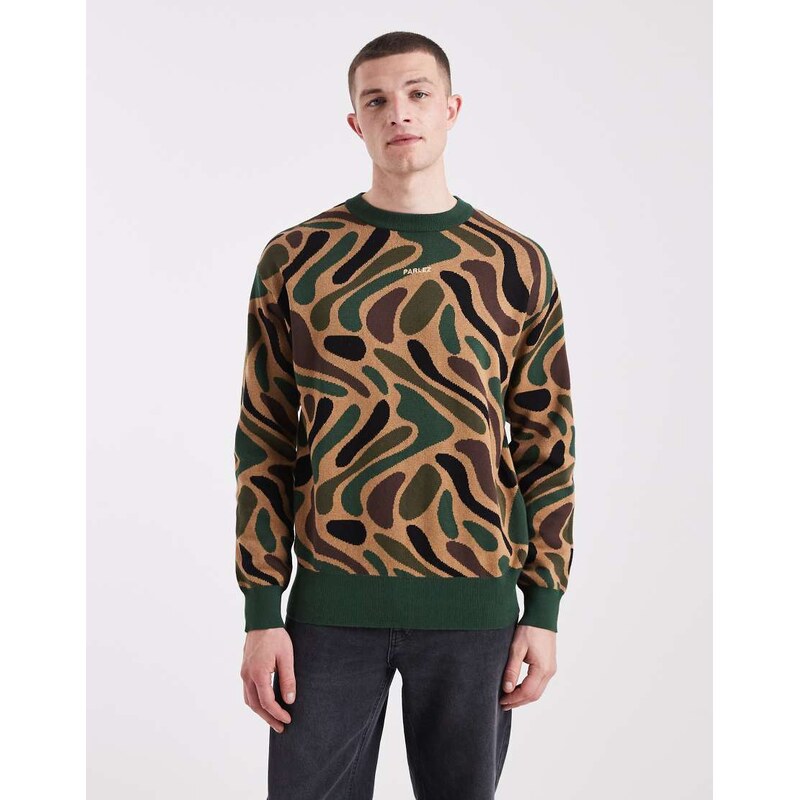 Parlez logo all over camo print knit jumper in green/brown-Multi