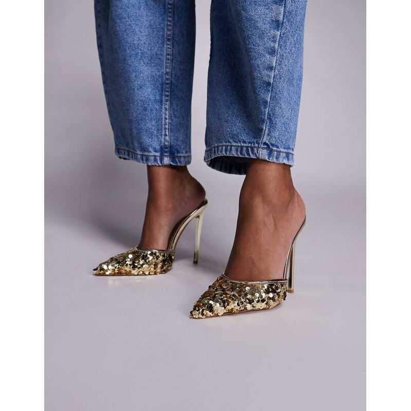SIMMI Shoes Simmi London Agathia sequin heeled mules in gold 110318873