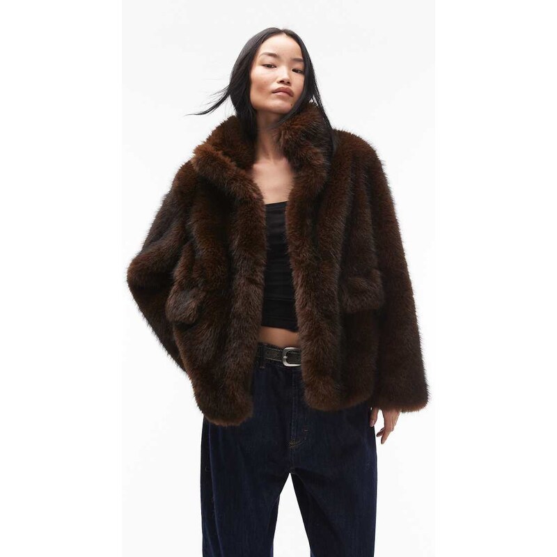 ARKET faux fur jacket with front pockets in brown 111325664