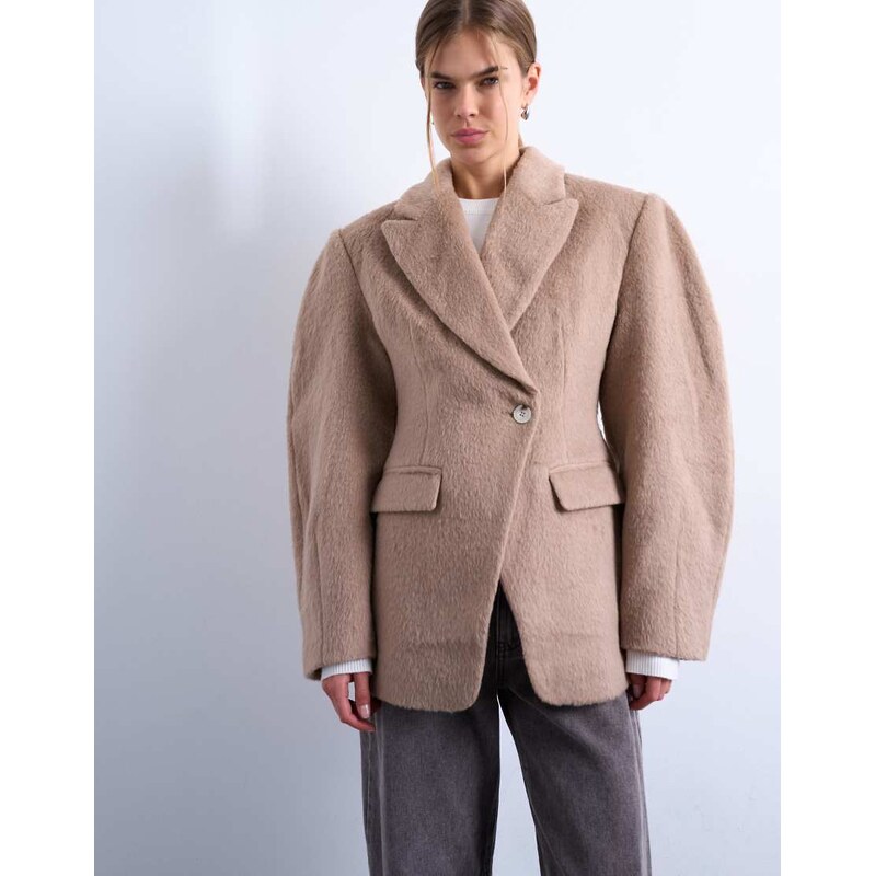 Topshop brushed ovoid sleeve cinch waist blazer coat in camel-Brown 111133713