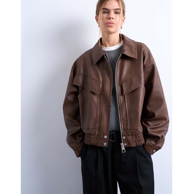 Topshop faux leather boxy zip through pocket bomber jacket in