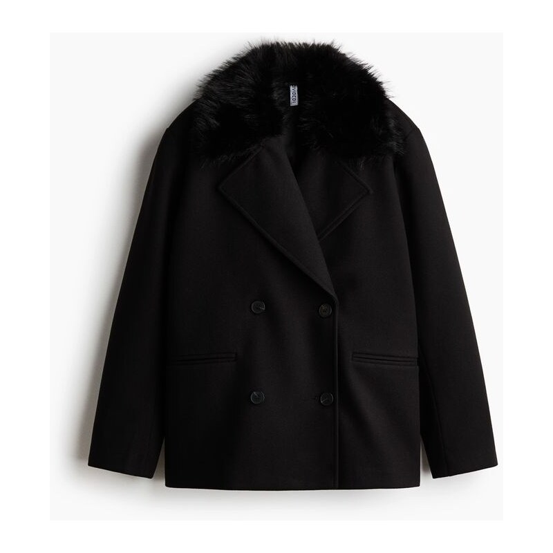 H&M - Námořnický kabáts huňatým límcem - černá 111124256