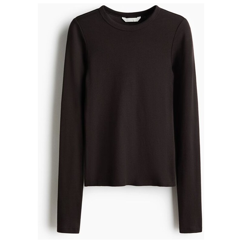 H&M - Žerzejové trikos dlouhým rukávem - Tmavě Hnědá