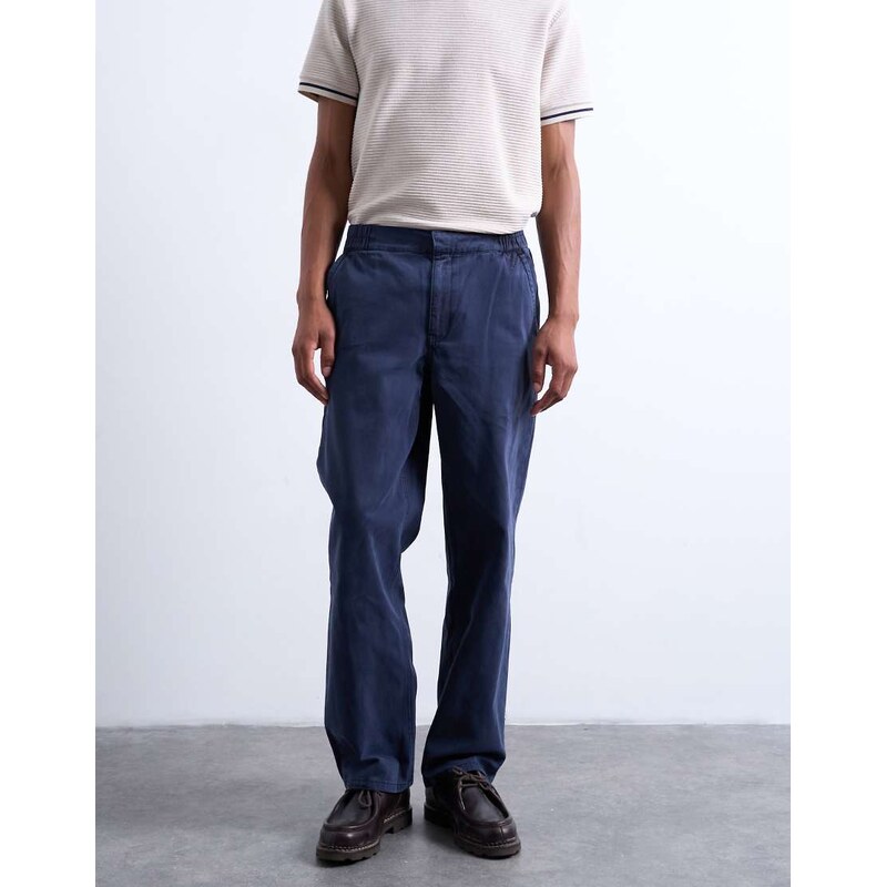 Topman straight leg twill elasticated waist trouser in navy
