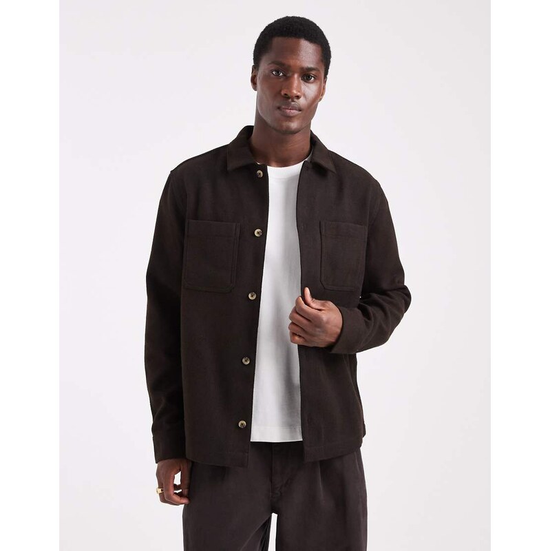 ASOS DESIGN wool look overshirt in brown-Neutral